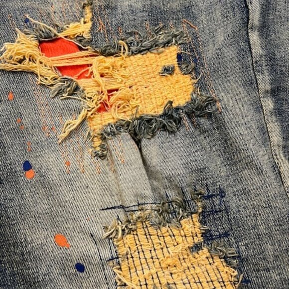 DENIMICITY Rip N Repair Distressed Denim Jeans Blue & Orange - Picture 4 of 7